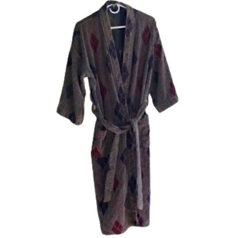 Puritan 100% Cotton Plaid Bath Robe One Size Gray Unisex Lounge Travel Vintage - Picture 2 of 4